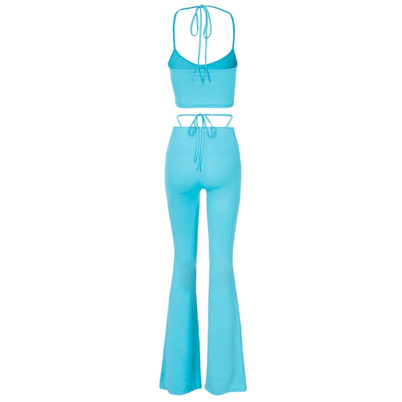 2PCS Blue Bandage Drawstring Halter Top + Flare Pants