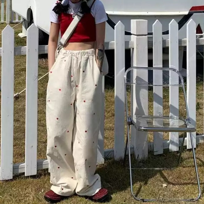 Cute Beige Love Hearts Wide Leg Pants Trouser Bottoms Aesthetic Casual Summer E-Girl Kawaii Korean Japanese Harajuku