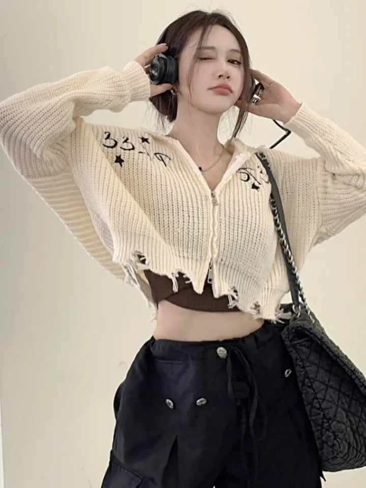 Black Hollow Out Cropped Zipper Jacket