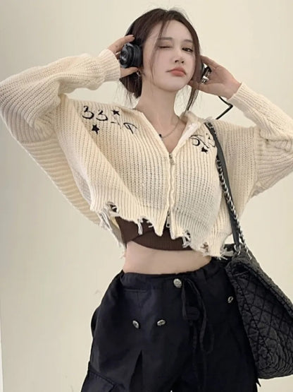 Black Hollow Out Cropped Zipper Jacket