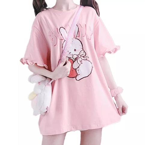 Pink Rabbit Ruffle Loose Short Sleeve T-shirt