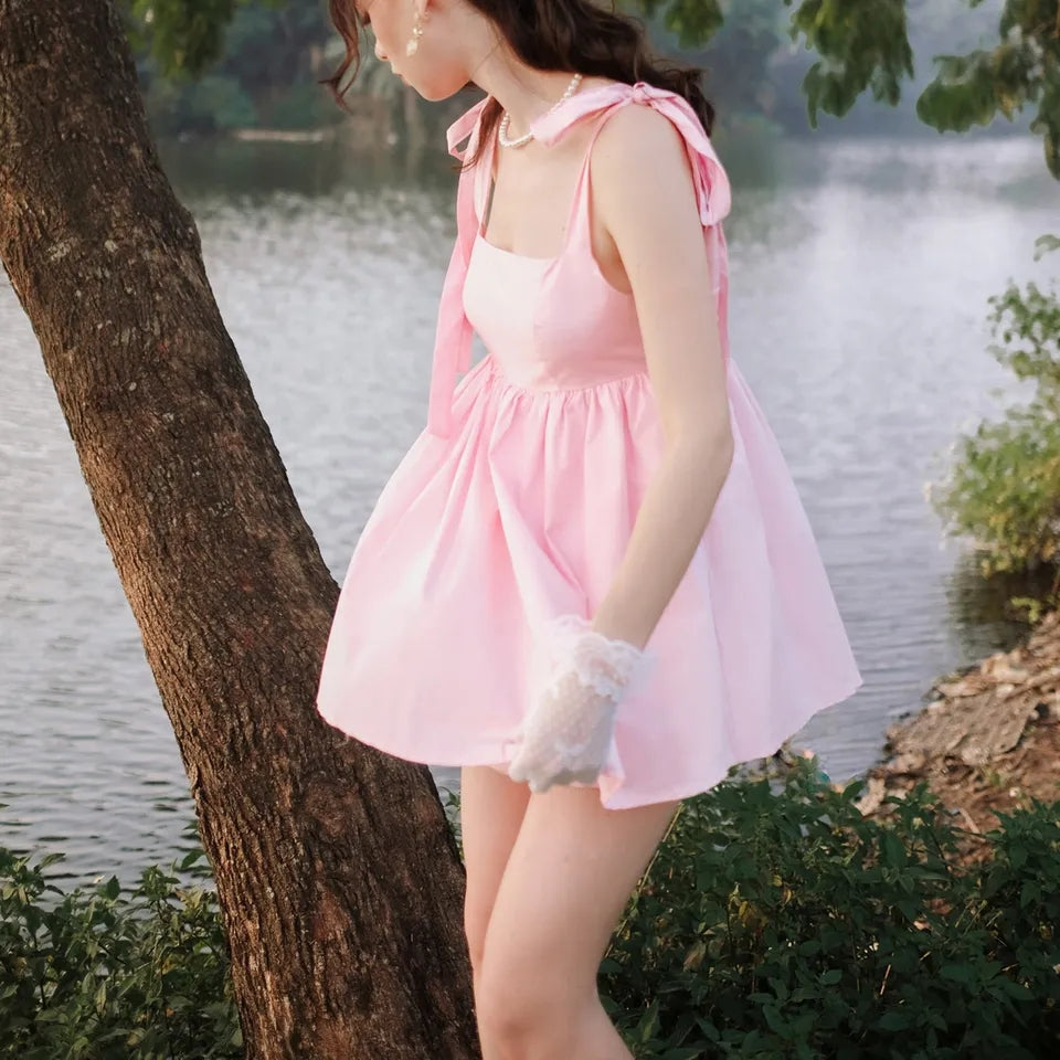 Pink Bow Tie Up Mini Dress