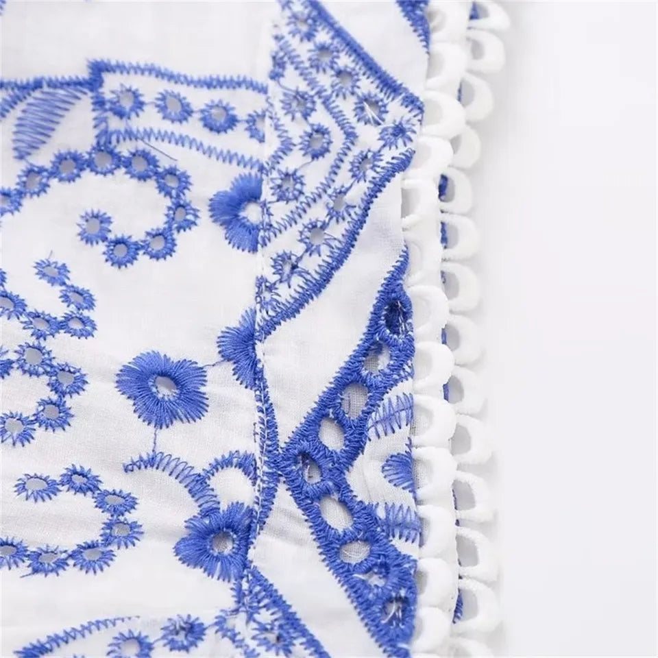 Blue Flower Embroidery Pleated Mini Skirt