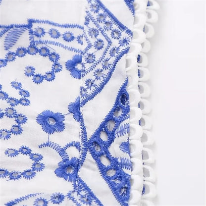 Blue Flower Embroidery Pleated Mini Skirt