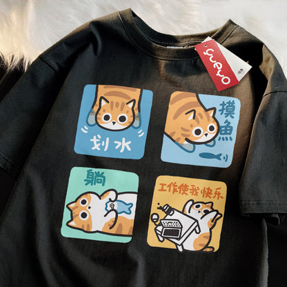 Orange Cat Print Short Sleeve T-shirt