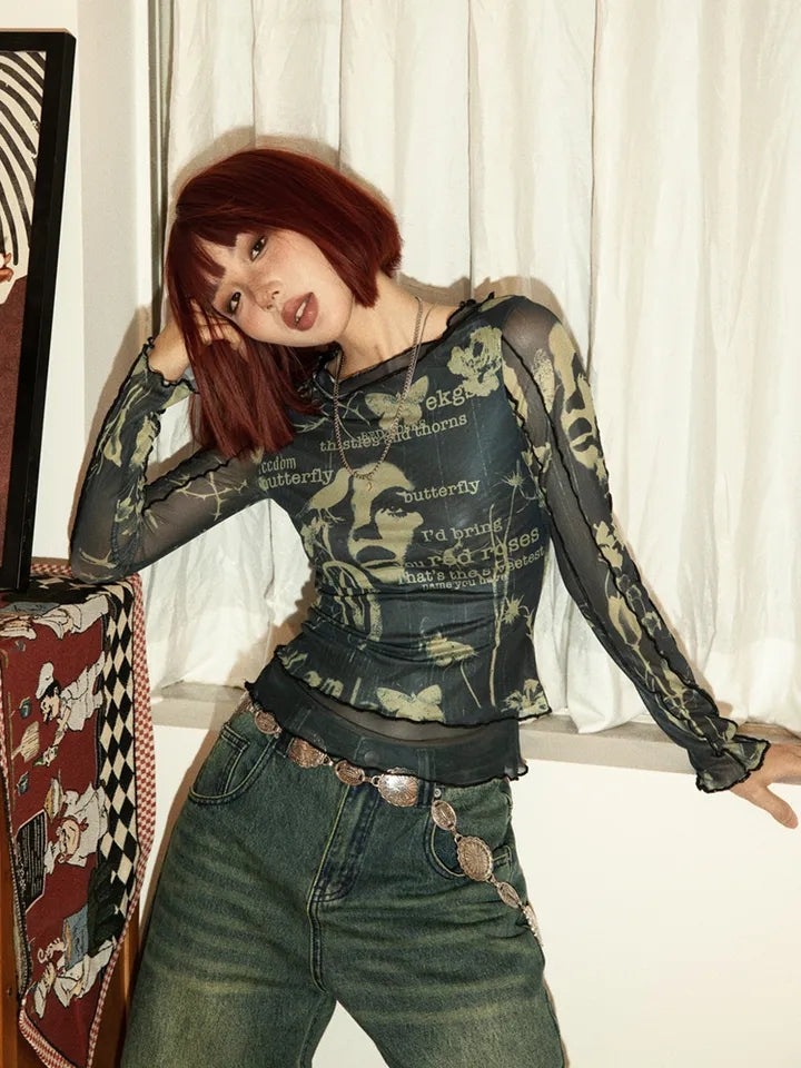 Butterfly Print Mesh Long Sleeve Shirt