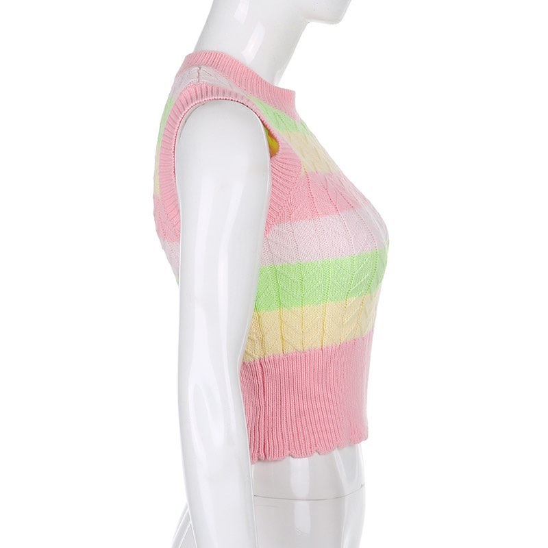 Cute Pink Rainbow Stripe Tie Dye Sleeveless V Neck Knit Vest Sweater Top Pullover Autumn Aesthetic E-Girl Kawaii Korean Japanese Harajuku Streetwear