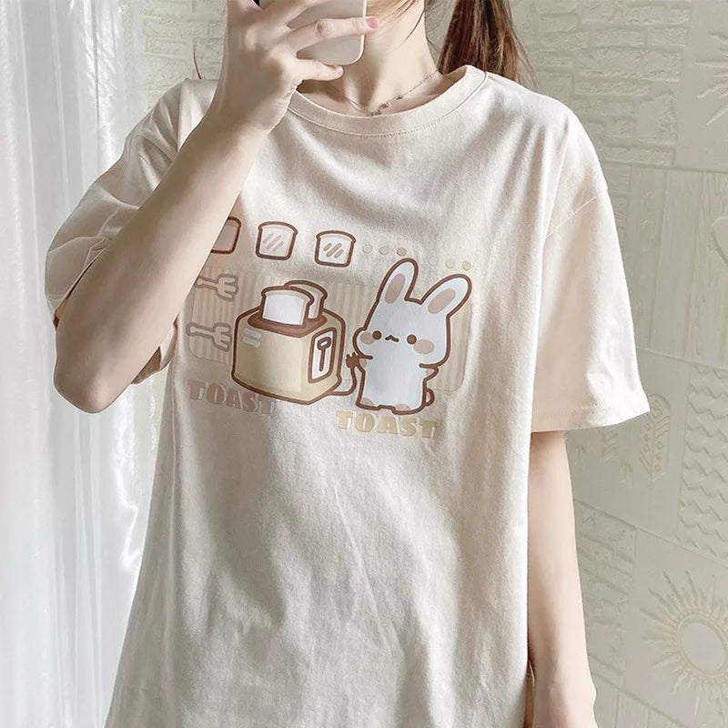 Cute Bunny And Toast Bread Graphic Cartoon Print Loose Short Sleeve T-shirt Aesthetic Casual Summer E-Girl Kawaii Korean Japanese Harajuku