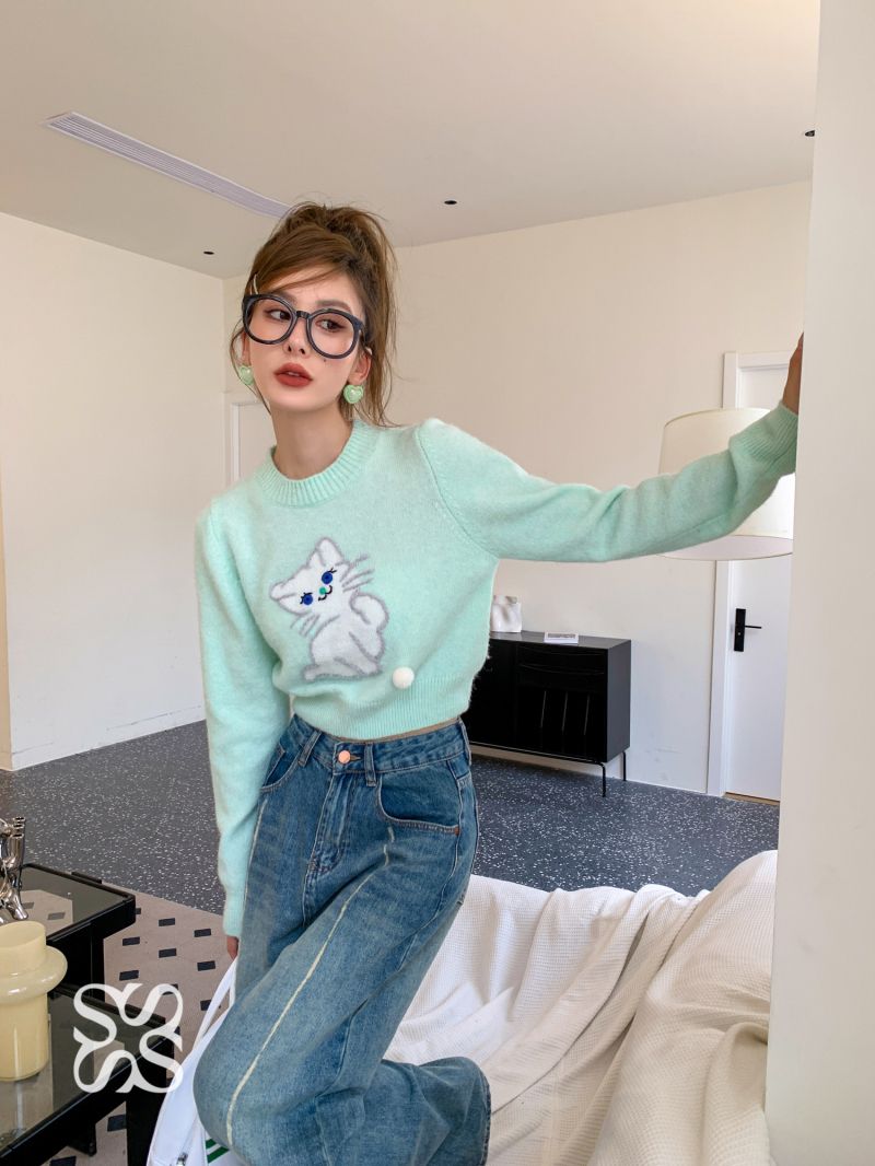Blue Cat Print Cropped Sweater