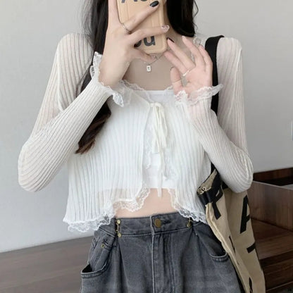 Sheer Lace Long Sleeve Cropped Cardigan