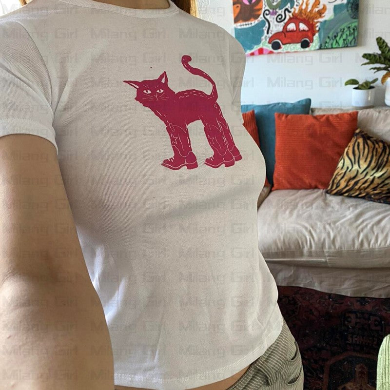 Cat Print Crew Neck Crop Top