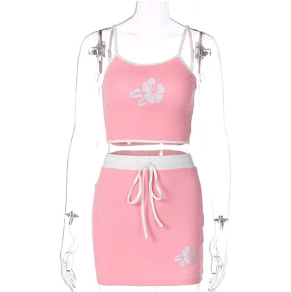 2PCS Pink Hibiscus Flower Camisole + Mini Skirt