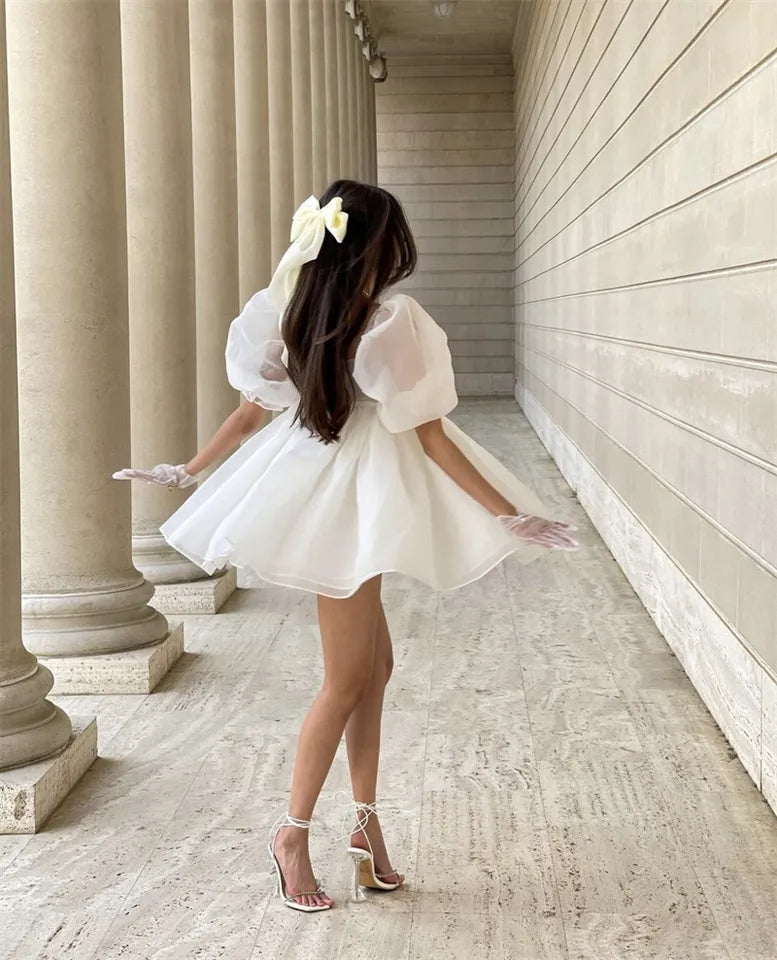 White Puff Sleeve A-Line High Waist Mini Dress