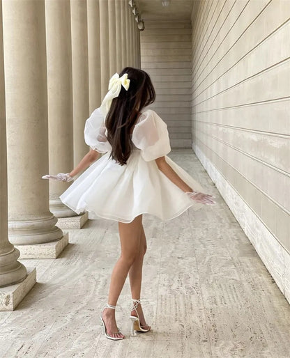 White Puff Sleeve A-Line High Waist Mini Dress