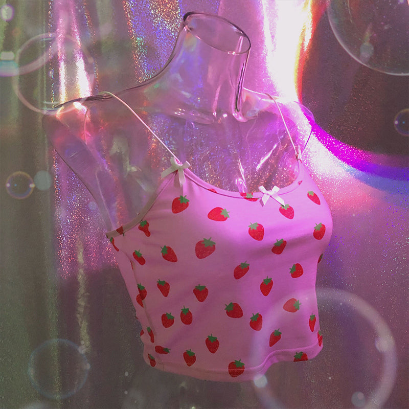 Cute Strawberry Fruit Spaghetti Strap Crop Top Camisole Shirt Tee T-shirt E-Girl Kawaii Korean Japanese Harajuku Chinese Retro Streetwear Aesthetic
