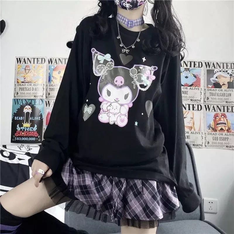 Cute Black Japanese Anime Cartoon Print Loose Oversize Long Sleeve T-shirt