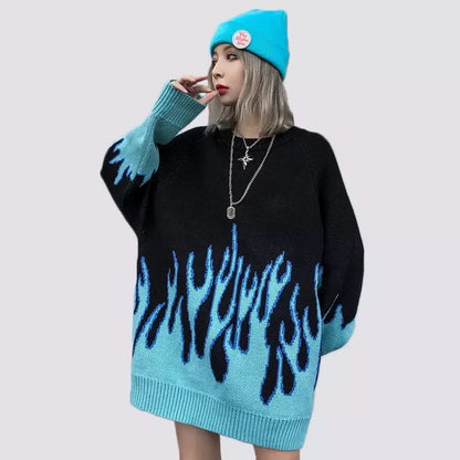 Black Pink Vintage Fire Flames Loose Oversized Long Sleeve Knit Sweatshirt Sweater Pullover Jumper E-Girl Kawaii Korean Japanese Harajuku Streetwear