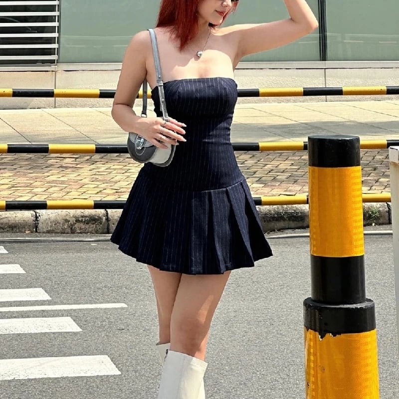 Striped A-Line Pleated Dress