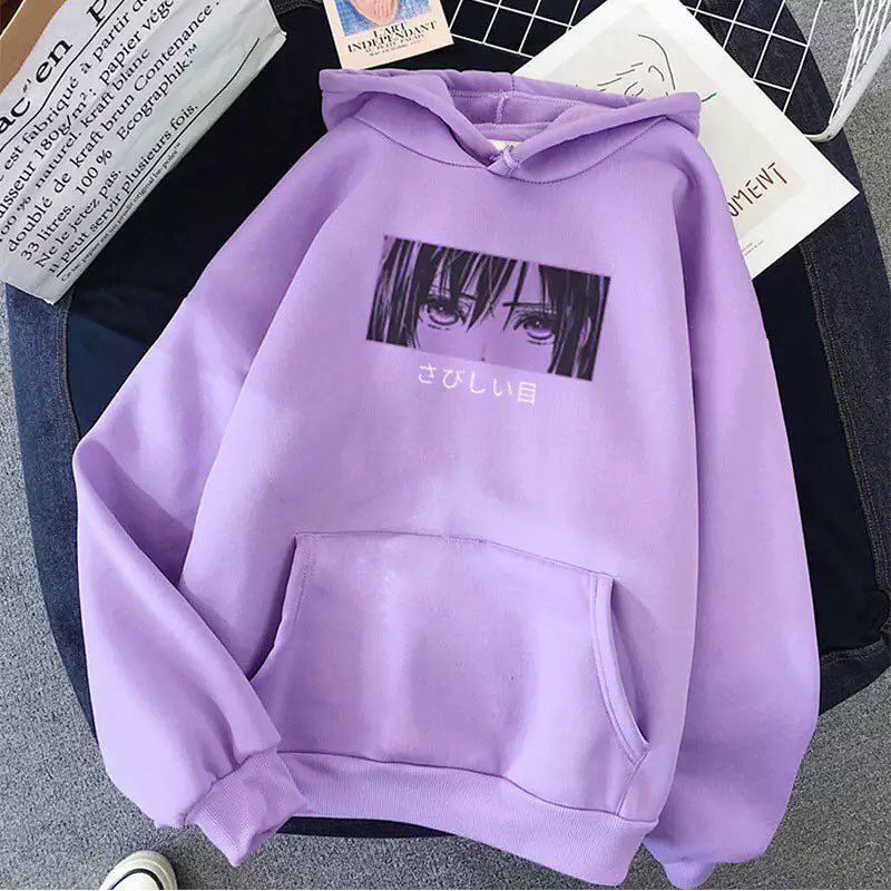 Cute Anime Girl Sad Eyes Hoodie Loose Long Sleeve Sweatshirt Sweater Pullover Jumper Casual E-Girl Kawaii Korean Japanese Harajuku Streetwear
