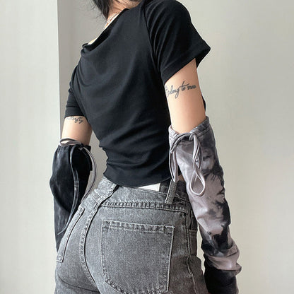 Black & Grey Patchwork Crop Top with Sleeve