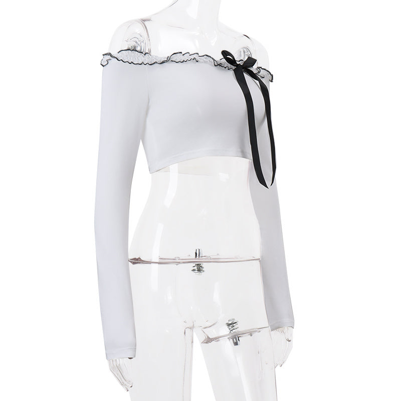 Ruffle Off Shoulder Lace Up Long Sleeve Top