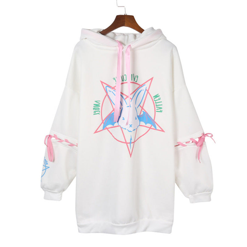 Cute Rabbit Evil Pentagon Lace Up Long Sleeve Hoodie Oversize Sweater Sweatshirt Pullover Jumper E-Girl Kawaii Korean Japanese Harajuku Streetwear