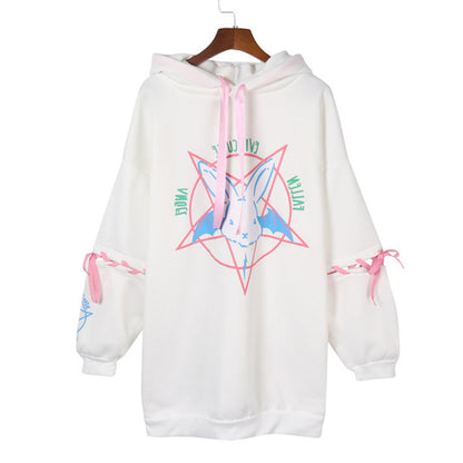 Cute Rabbit Evil Pentagon Lace Up Long Sleeve Hoodie Oversize Sweater Sweatshirt Pullover Jumper E-Girl Kawaii Korean Japanese Harajuku Streetwear