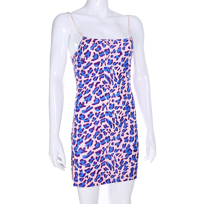 Cute Purple Leopard Spaghetti Strap Backless Mini Dress Party E-Girl Kawaii Korean Japanese Harajuku Chinese Retro Streetwear Aesthetic