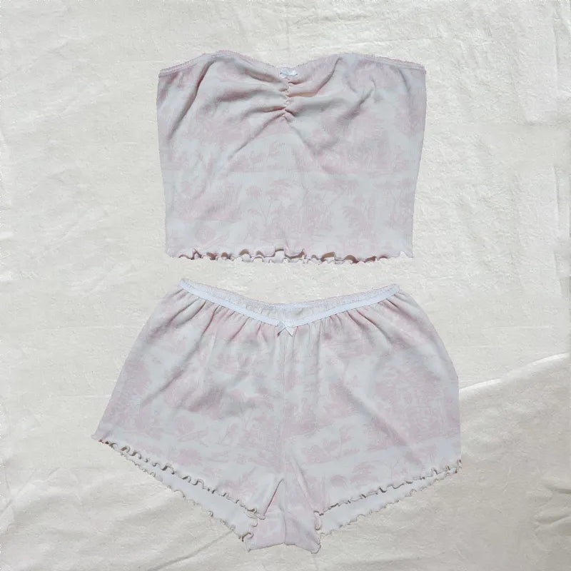 2PCS Pink Floral Print Frill Strapless Top + Shorts Set