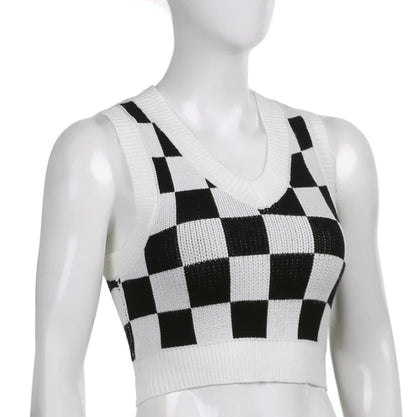 Cute Preppy Argyle Plaid Sweater Vest Sleeveless Knit Crop Top V Neck Shirt Aesthetic Casual Summer E-Girl Kawaii Korean Japanese Harajuku