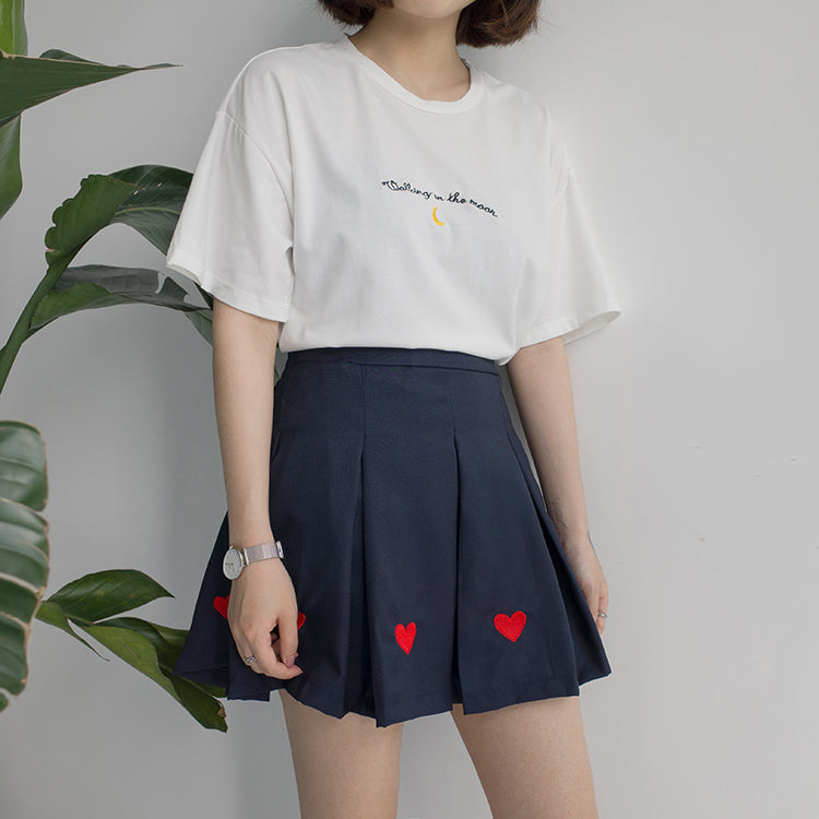 Cute Cresent Moon Sky Print Embroidery Shirt T-shirt Tee Top Kawaii Korean Japanese Harajuku Chinese Retro Streetwear Aesthetic Fashion