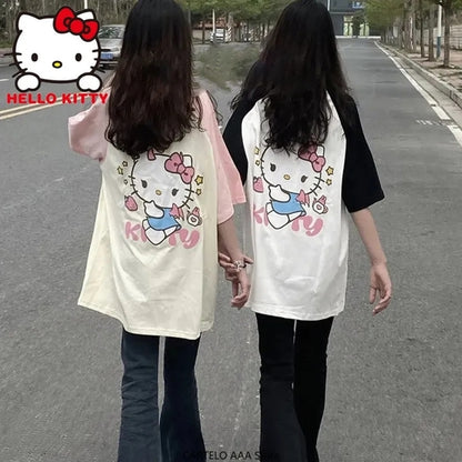 Japanese Cat Print Patchwork Short Sleeve T-shirt