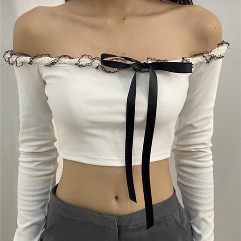 Ruffle Off Shoulder Lace Up Long Sleeve Top