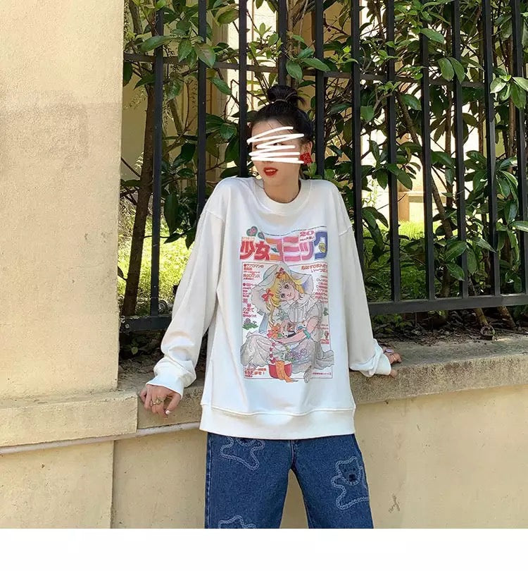 White Vintage Anime Girl Cartoon Print Graphic Long Sleeve Sweatshirt Sweater Pullover Jumper Causal E-Girl Kawaii Korean Japanese Harajuku Streetwear