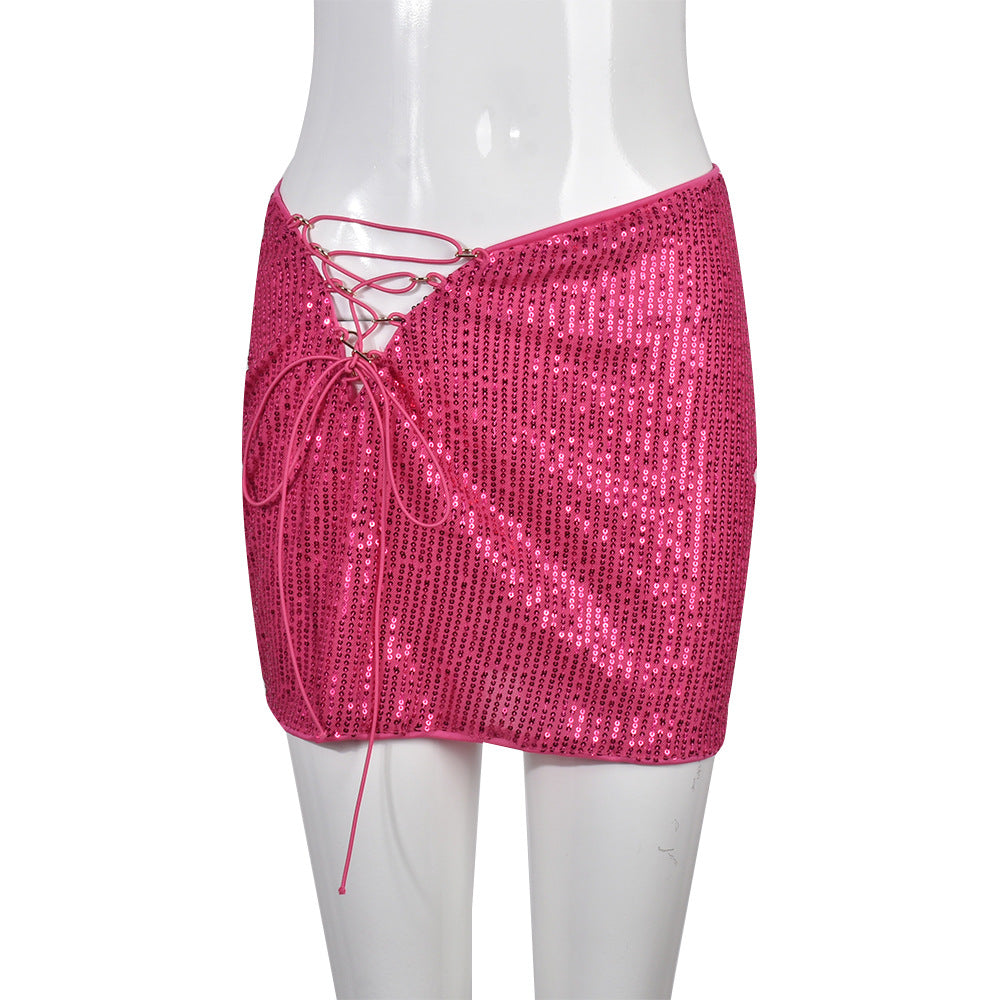 Pink Sequin Lace Up Mini Skirt