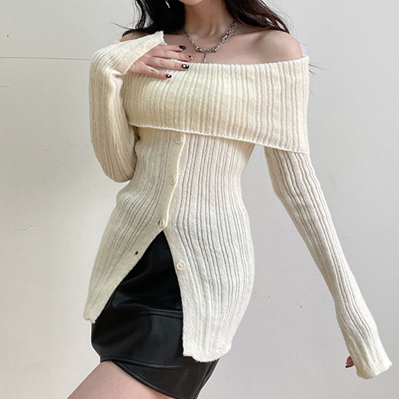 White Button Up Split Slash Neck Sweater