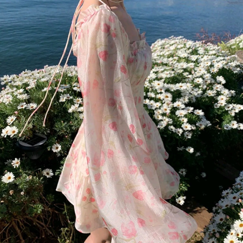 Rose Watercolor Off Shoulder Puff Sleeve Dress