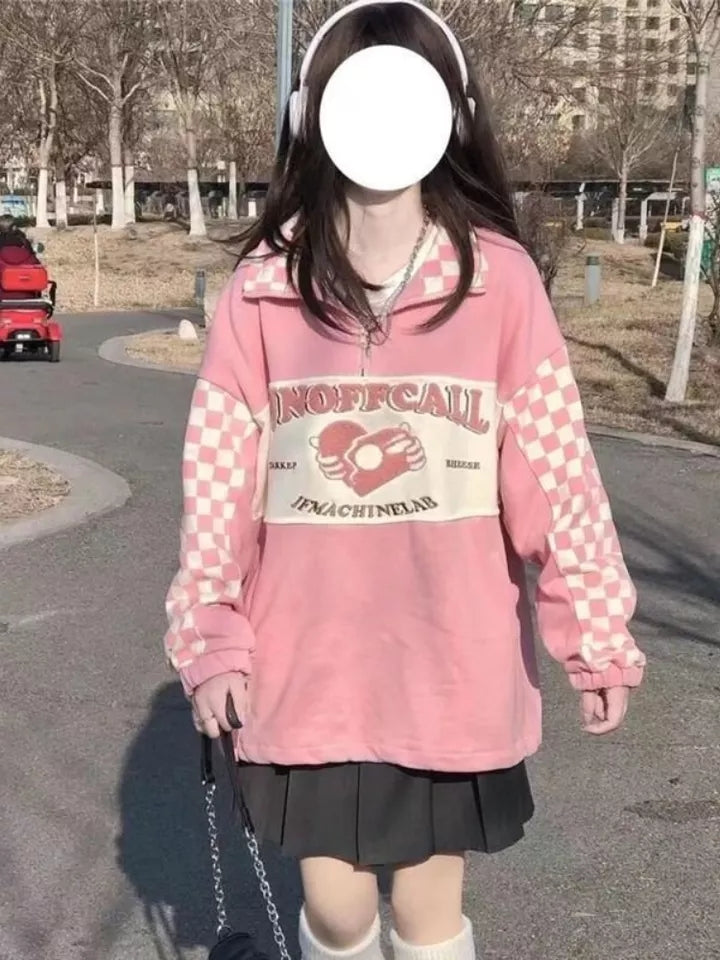 Pink Plaid Checkboard Zip Up Oversized Sweatshirt
