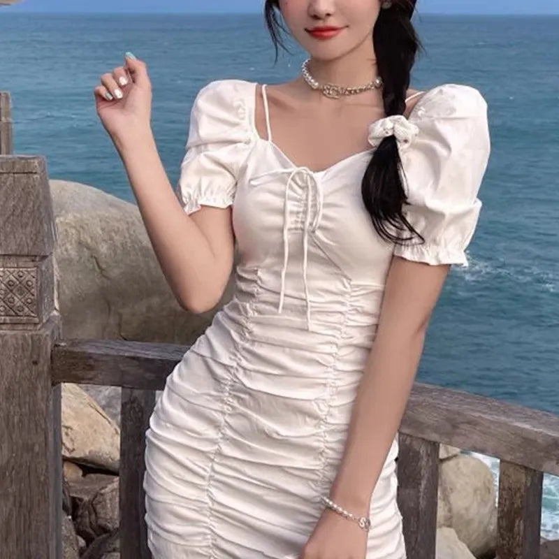 White Puff Sleeve Drawstring Ruched Mini Dress