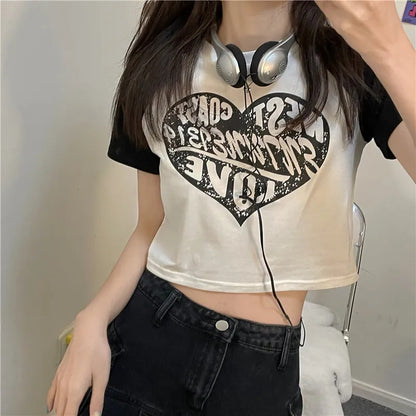 Heart Patchwork Short Sleeve Crop Top