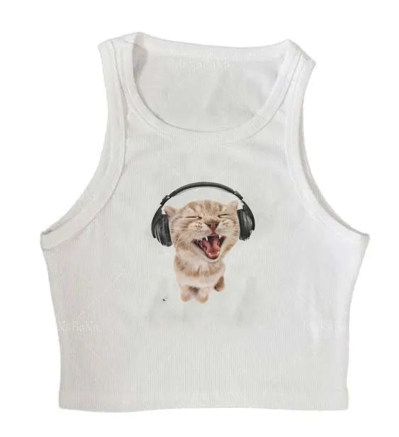 Cat Music Print Ribbed Tank Top