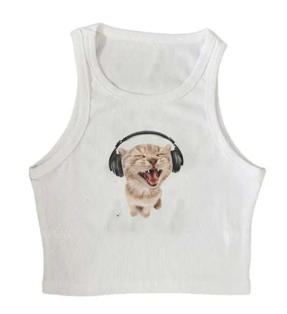 Cat Music Print Ribbed Tank Top