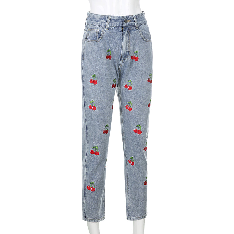 Cute Sweet Vintage Cherry Embroidery Light Washed Blue Denim Jeans High Waisted Cargo Slim Bottom E-Girl Kawaii Korean Japanese Harajuku Streetwear