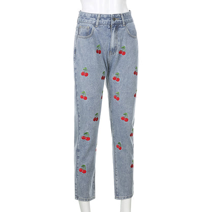 Cute Sweet Vintage Cherry Embroidery Light Washed Blue Denim Jeans High Waisted Cargo Slim Bottom E-Girl Kawaii Korean Japanese Harajuku Streetwear