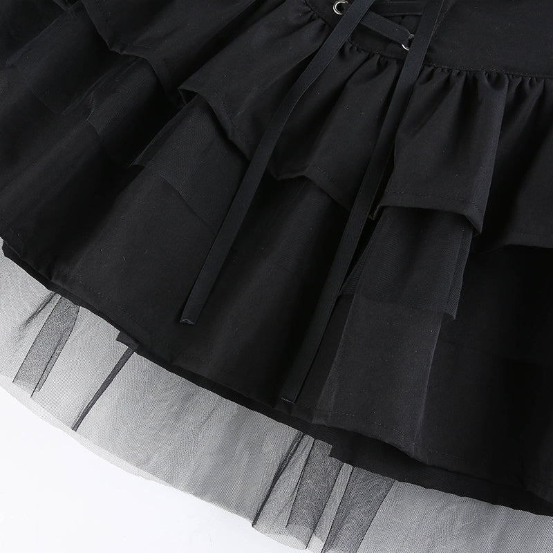 Cute Black Goth Lace Up High Waisted Ruffle Skirt Punk Bandage A-line Lace Trim Tutu Casual E-Girl Kawaii Korean Japanese Harajuku Streetwear