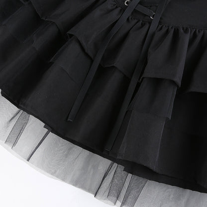 Cute Black Goth Lace Up High Waisted Ruffle Skirt Punk Bandage A-line Lace Trim Tutu Casual E-Girl Kawaii Korean Japanese Harajuku Streetwear