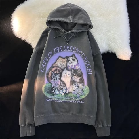 Purple Flower Kitten Print Oversized Hoodie