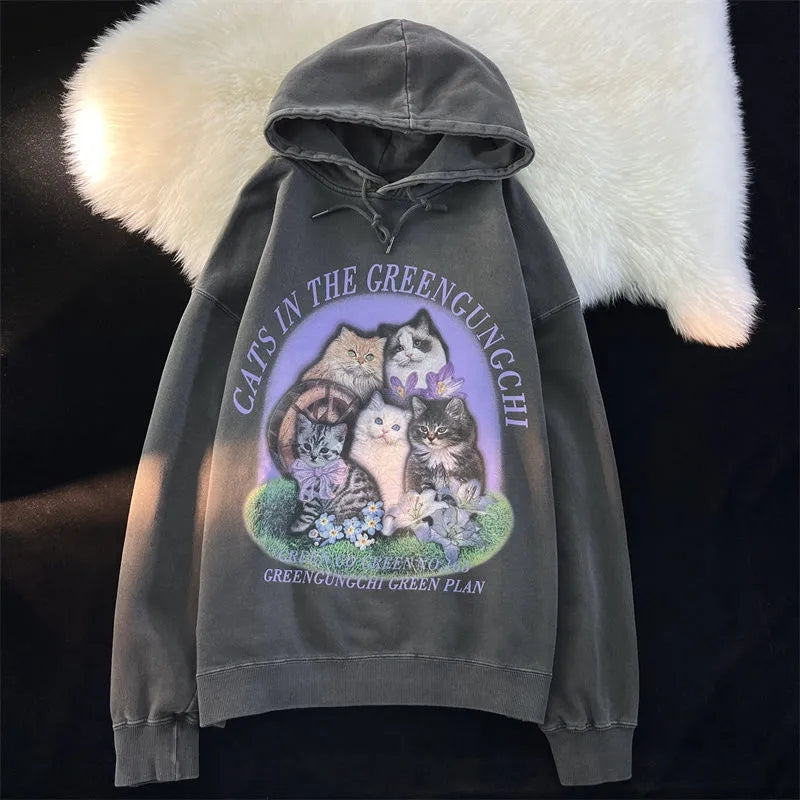 Purple Flower Kitten Print Oversized Hoodie