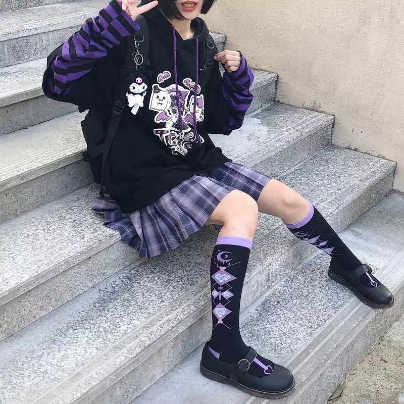Anime Girl Cartoon Casual Stripe Loose Oversized Hoodie Sweater Sweatshirt Long Sleeve Pullover E-Girl Kawaii Korean Japanese Harajuku Streetwear