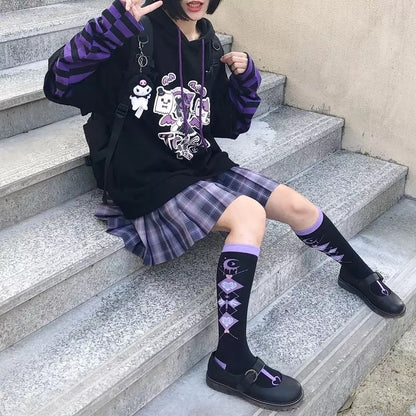 Anime Girl Cartoon Casual Stripe Loose Oversized Hoodie Sweater Sweatshirt Long Sleeve Pullover E-Girl Kawaii Korean Japanese Harajuku Streetwear